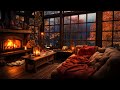 Rainy autumn day with crackling fireplace in a cozy hut ambience  relax sleep or study