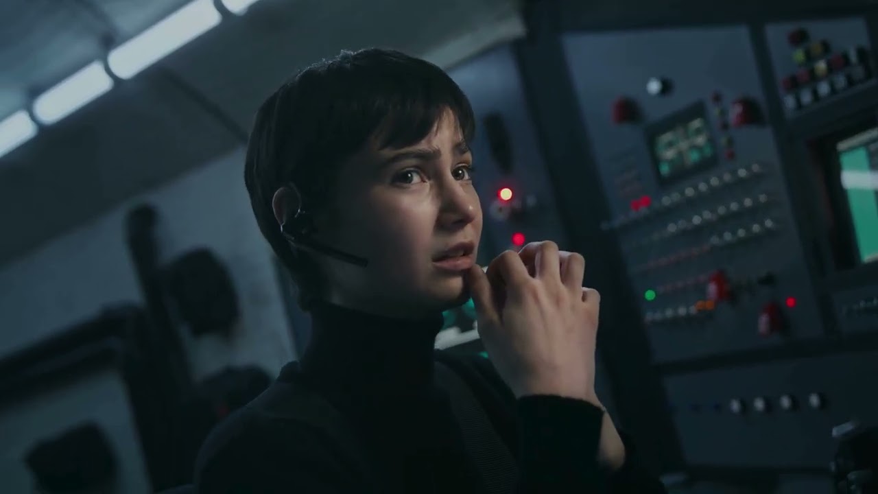 VideoVault Stock Video: Woman sits anxiously in a spaceship