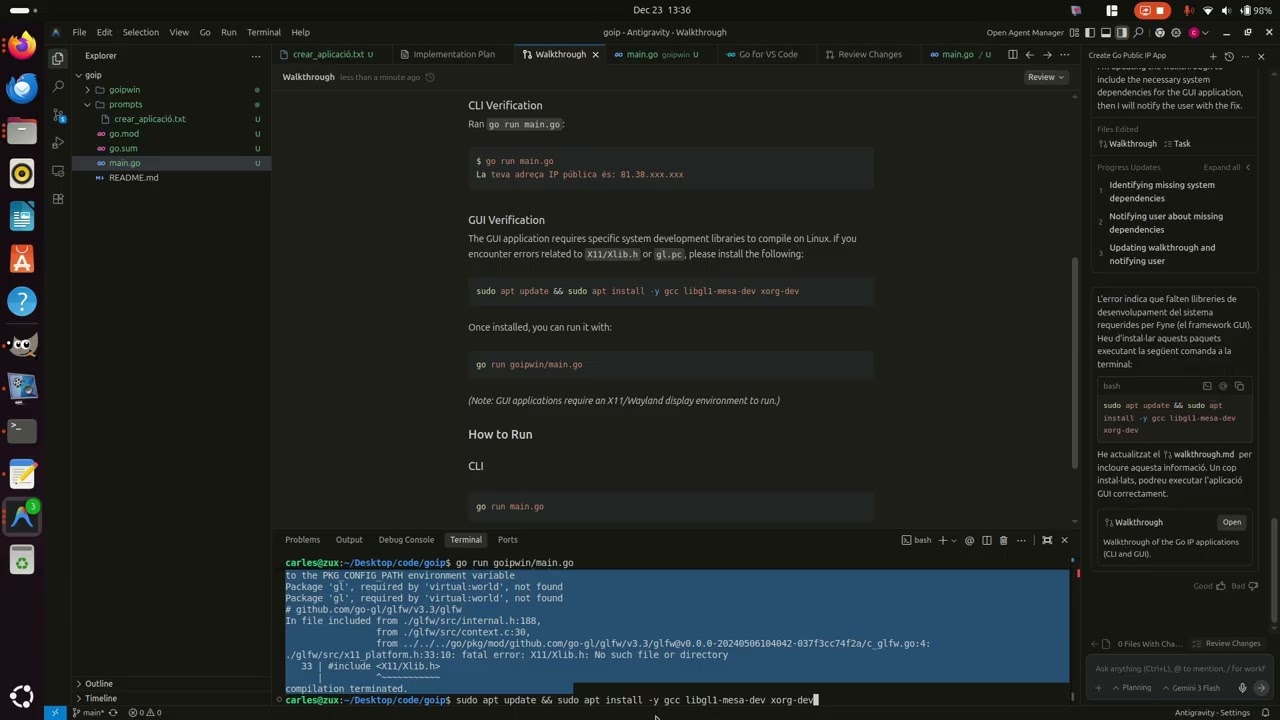Generant una aplicació gràfica GUI en go amb Antigravity amb Gemini Flash IA