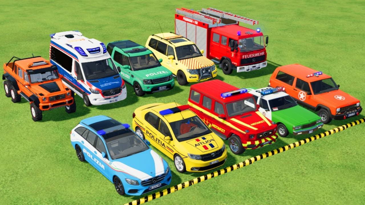 TRANSPORTING POLICE CARS, AMBULANCE, FIRE TRUCK, COLORFUL CARS WITH TRUCK! -FARMING SIMULATOR 22