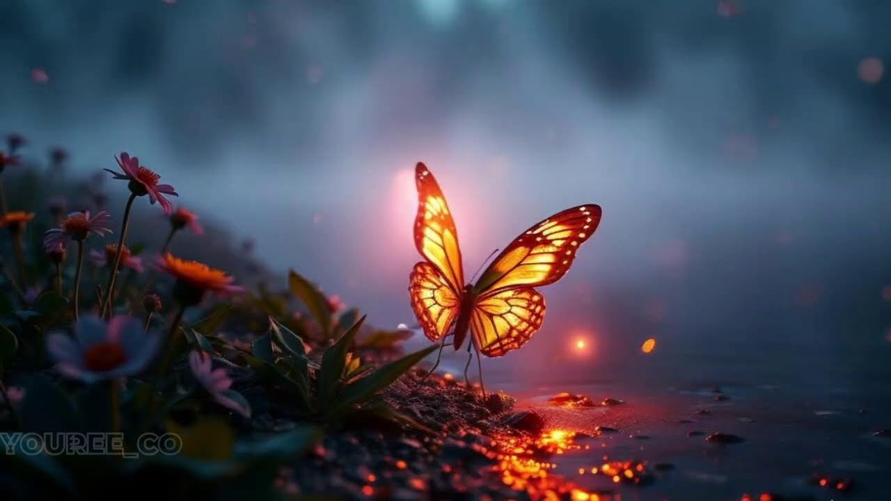 Gentle Piano and Flowing Water with Butterflies in a Calm Natural Setting