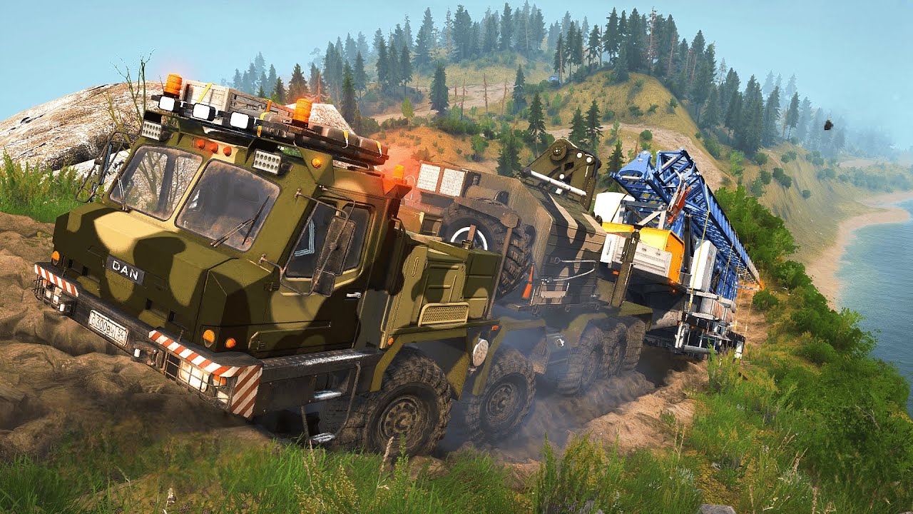 "Military Truck Carrying a Crane Fails to Climb Steep Muddy Hill – MudRunner Challenge!"