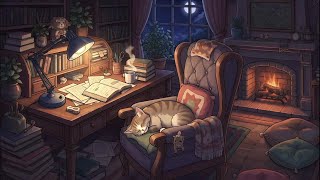 Winter Lofi Cat 🔥 Fireplace 4K Ambience for Study, Relax &amp; Sleep 🐱❄️