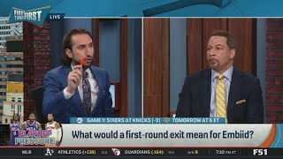 FIRST THING FIRST | Nick Wright \& Brou discuss what would a first-round exit mean for Joel Embiid