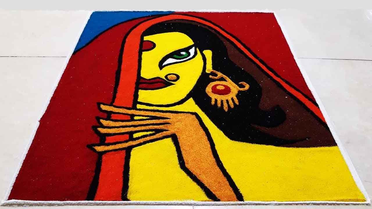 Beautiful Rajasthani Women and Unique style rangoli Design by Rani