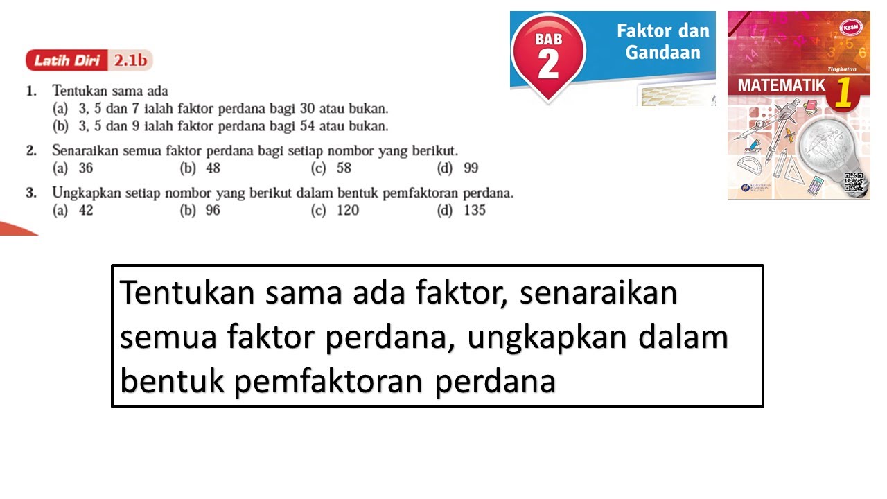 Matematik Tingkatan 1 Bab 2 Faktor Dan Gandaan Latih Diri 2 1b Faktor Perdana Kssm Youtube