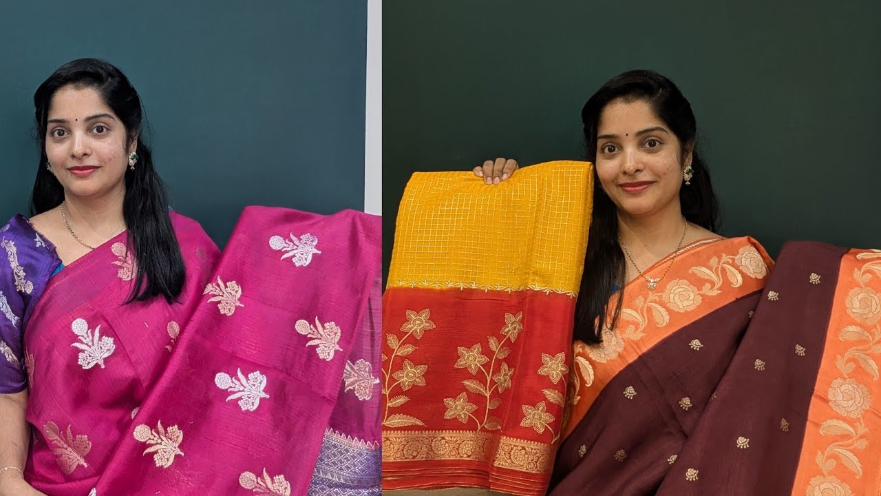 Pure jute mangos, pure dolas, georgettes, chinnons and many more 