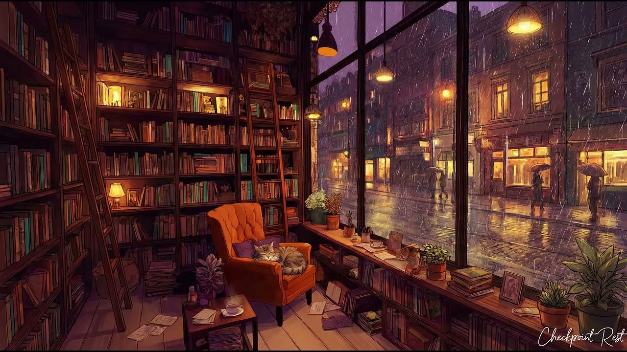 it's a rainy night in a vintage bookstore with soft oldies playing in another room ( rain ambience)