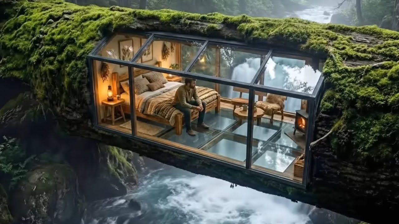 Building A Secret Room Inside A Tree Trunk Over A Waterfall (ASMR)