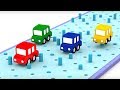 Uma corrida com obstáculos. 4 carros coloridos. Animação infantil