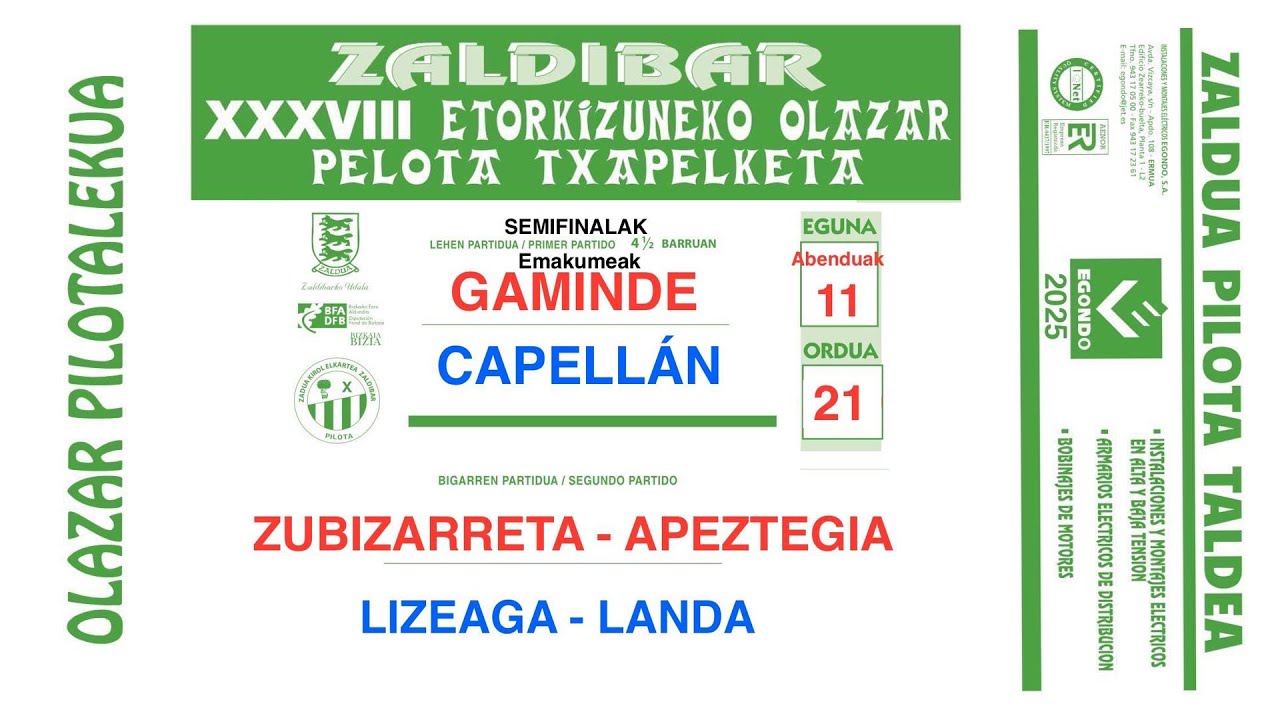 OLAZARE PILOTALEKUA - ZALDIBAR XXXVIII ETORKUZUNEKO OLAZAR PELOTA TXAPELKETA