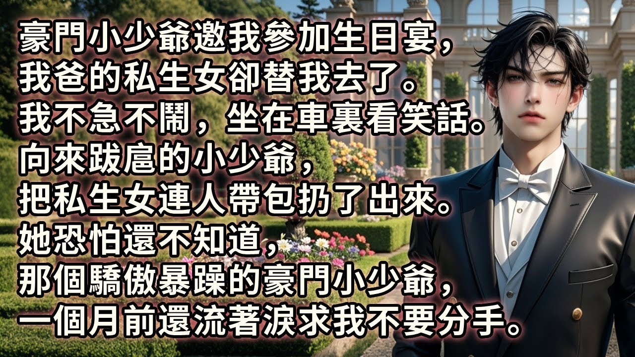 豪門小少爺邀我參加生日宴，我爸的私生女卻替我去了。我不急不鬧，坐在車裏看笑話。向來跋扈的小少爺，把私生女連人帶包扔了出來。她恐怕還不知道，那驕傲暴躁的豪門小少爺，一個月前還流著淚求我不要分手。#故事