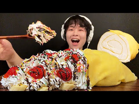 ASMR 2.5Lホイップクリームクレープ‼️【咀嚼音/mukbang/Eating Sounds】【日本語字幕】