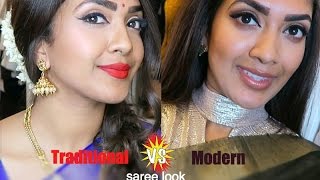 A traditional versus a modern saree look tutorial. A step by step guide on two different looks, make up, hair, and saree draping for 