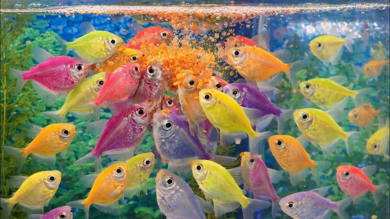 Colorful GloFish Feeding Frenzy in Aquarium Tank | Vibrant Neon Fish Mealtime 4k