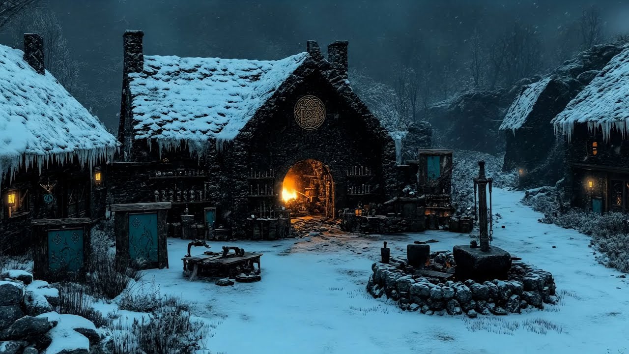 Winter Night in a Medieval Village | Magical Forest Music & Nature Sounds for Relax, Sleep