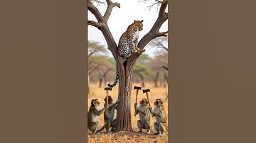 "Four monkeys cut down a weak tree, and the leopard sitting above fell to the ground in fear#youtube