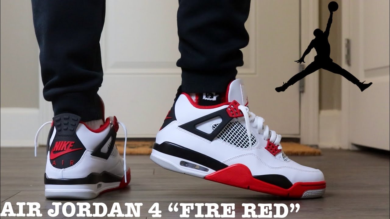 air jordan 4 fire red on feet