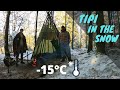 2 DAYS DUO BUSHCRAFT IN WINTER - Making a tipi, pine pitch, good food, waterfall, sub-zero, ASMR