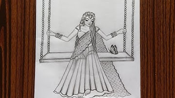 How to draw Beautiful Traditional Girl on Swing | Pencil Sketch | Bride Drawing | Girl Drawing