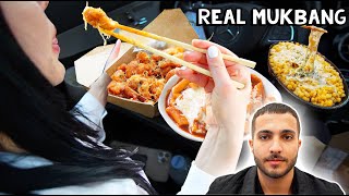 REAL MUKBANG FT. EX BOYFRIEND, NEW CAR &amp; CHEESY CORN, SPICY RICE CAKES, KFC, KIMCHI (NO TALKING)