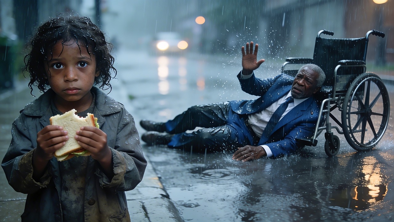 A Poor Little Girl Aids a Wheelchair Millionaire Who Slipped in the Rain… Then, Two Days Later…
