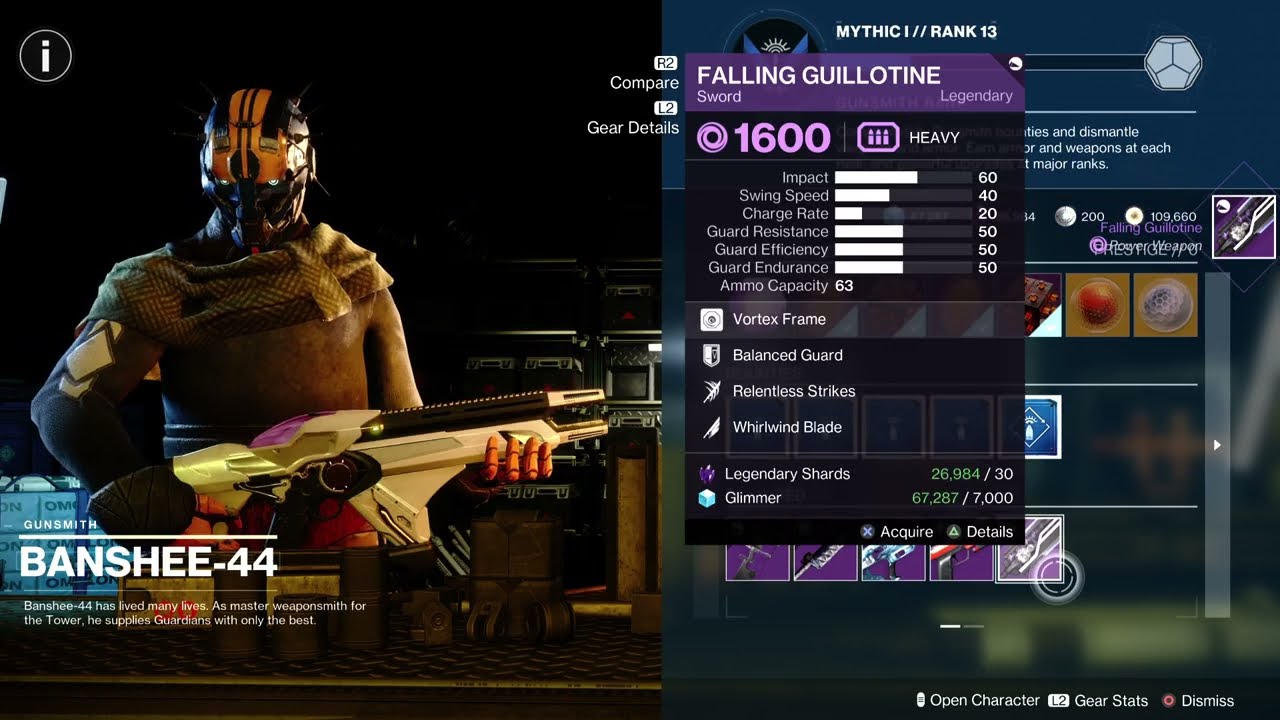 Go Get It 📣📣📣 Banshee Is Selling S+Tier FALLING GUILLOTINE ! Destiny 2 