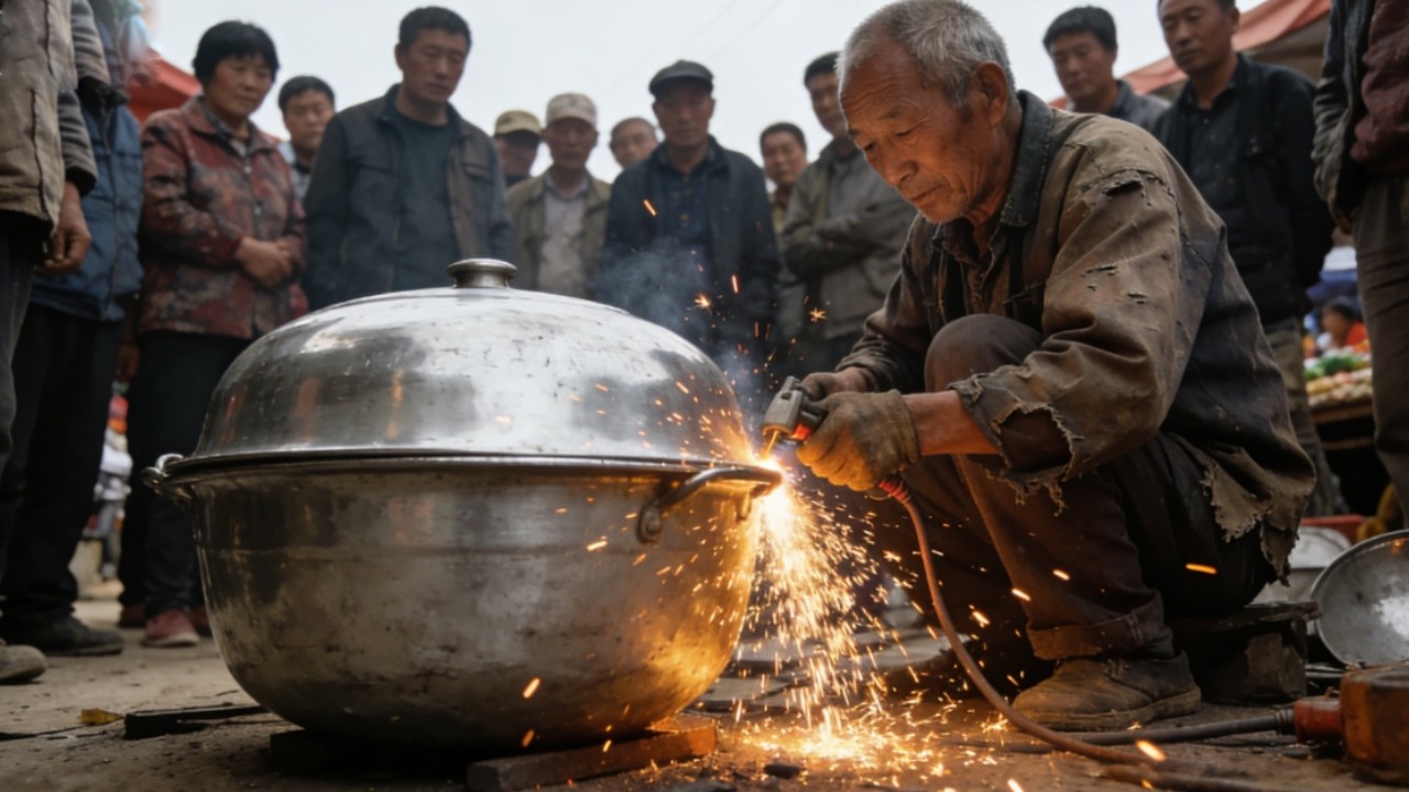 农村大爷赶集修铝锅！6元修了大铝锅，大爷说再用10年都没问题 ！农村手艺#手艺人#日常