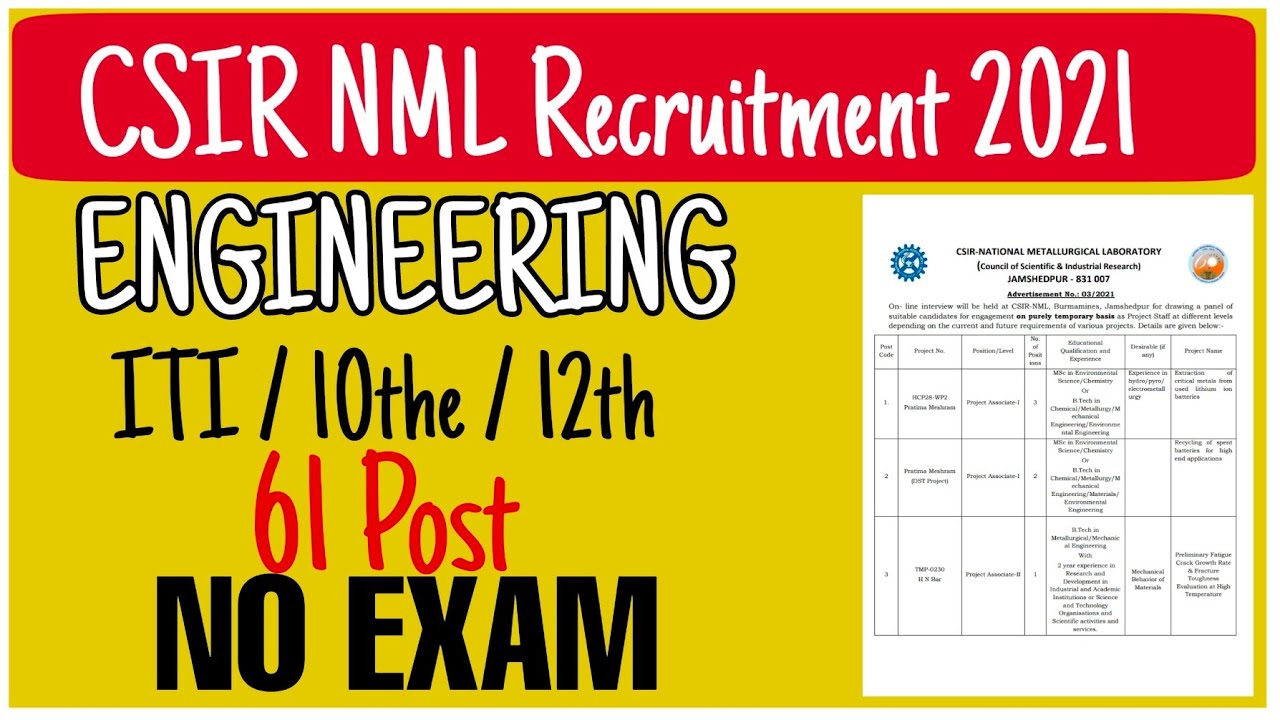 CSIR NML Recruitment 2021 / Engineer jobs 2021 / engineer recruitment 2021 / government vacancy