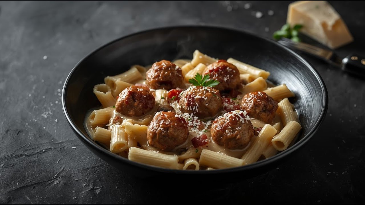 Сливочные макароны с грибами, сочными фрикадельками и беконом | Лёгкий уютный рецепт пасты