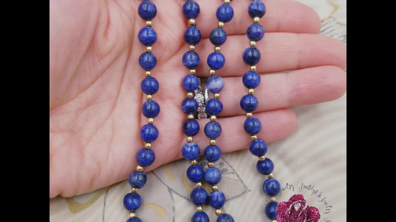 Ebay listing: Estate 8mm Lapis Lazuli Bead & 18k Yellow Gold Necklace, Length 28"