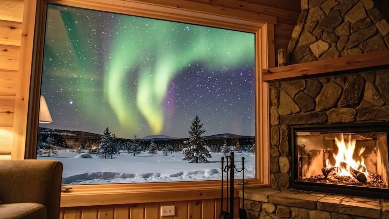 🌌 Northern Lights & Fireplace | Cozy Cabin Aurora Ambience | 10 Hours for Sleep & Relaxation