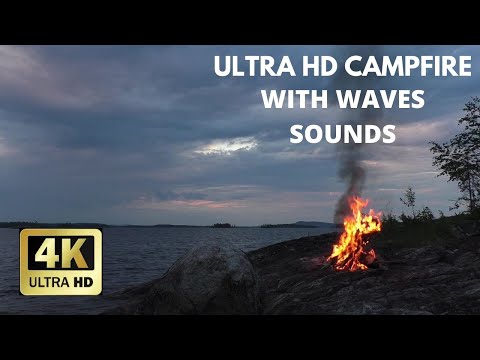 4K Campfire On Beach - Crackling Fire With Ocean Waves Sounds 1 Hour