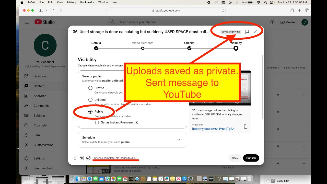 Youtube Outdated Message 37. Message to YouTube. Processing done. Upload saved as private not ...