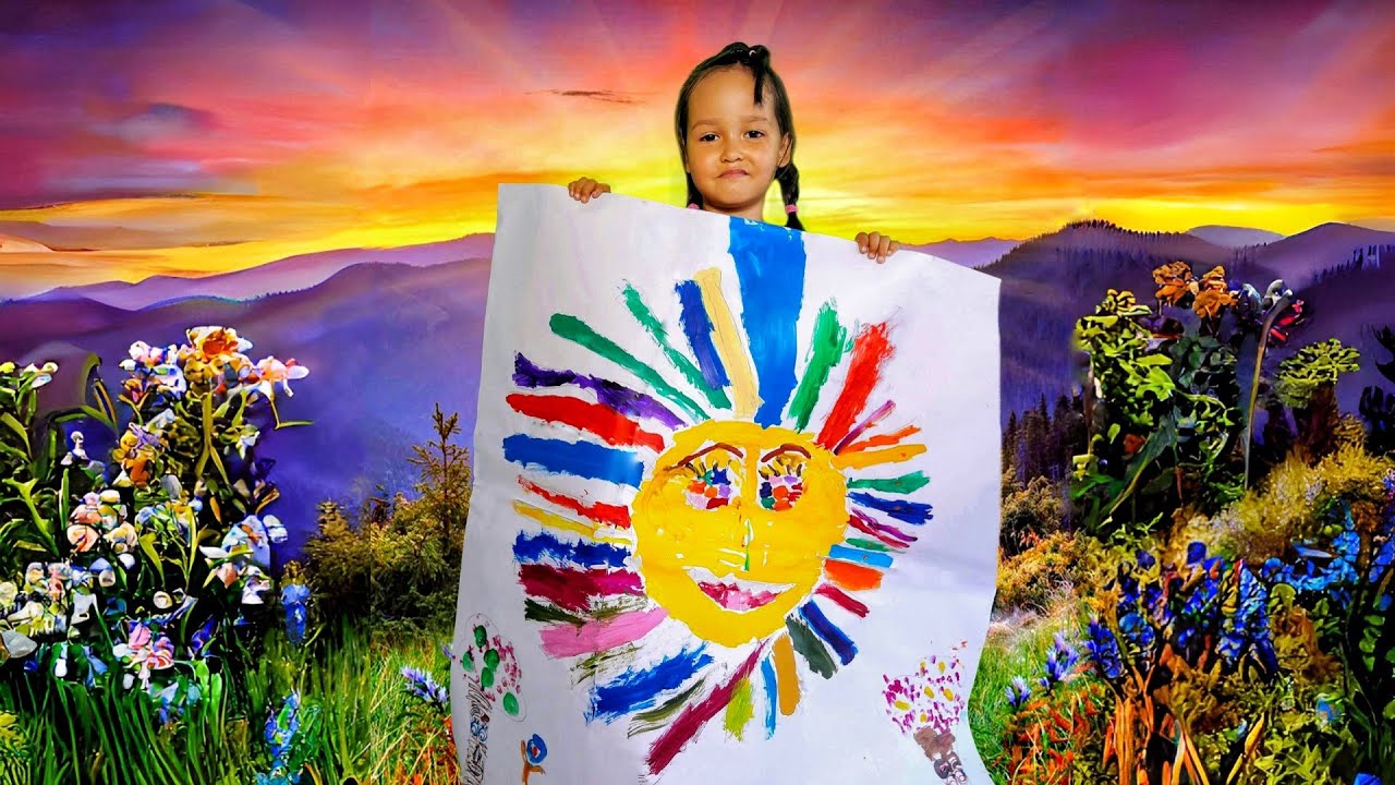 4-year-old kid artist painting a huge Sun | Mia Mai Art