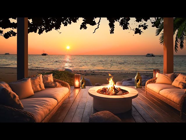 Peaceful Resort Ambience Overlooking The Sea | Water, Crackling Fire, Crickets, Wave Sounds class=