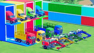 COLORFUL LONG TRUCKS TRANSPORT EXCAVATOR | BLUE RED YELLOW GREEN TRUCKS FS22