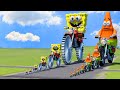 Big &amp; Small: SpongeBob on a motorcycle with Saw wheels vs Patrick on a motorcycle vs Trains | BeamNG