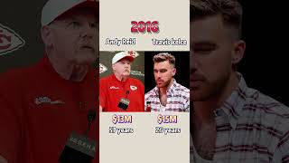 Compare the net worth of Travis Kelce and Coach Andy Reid!