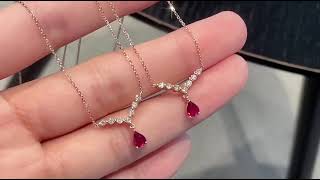 Vivid Red Ruby Gold Necklace Pear Shape 0.34 Cts Gemstone 0.14 Cts Diamond 18k Gold Jewelry 1.94 Gms