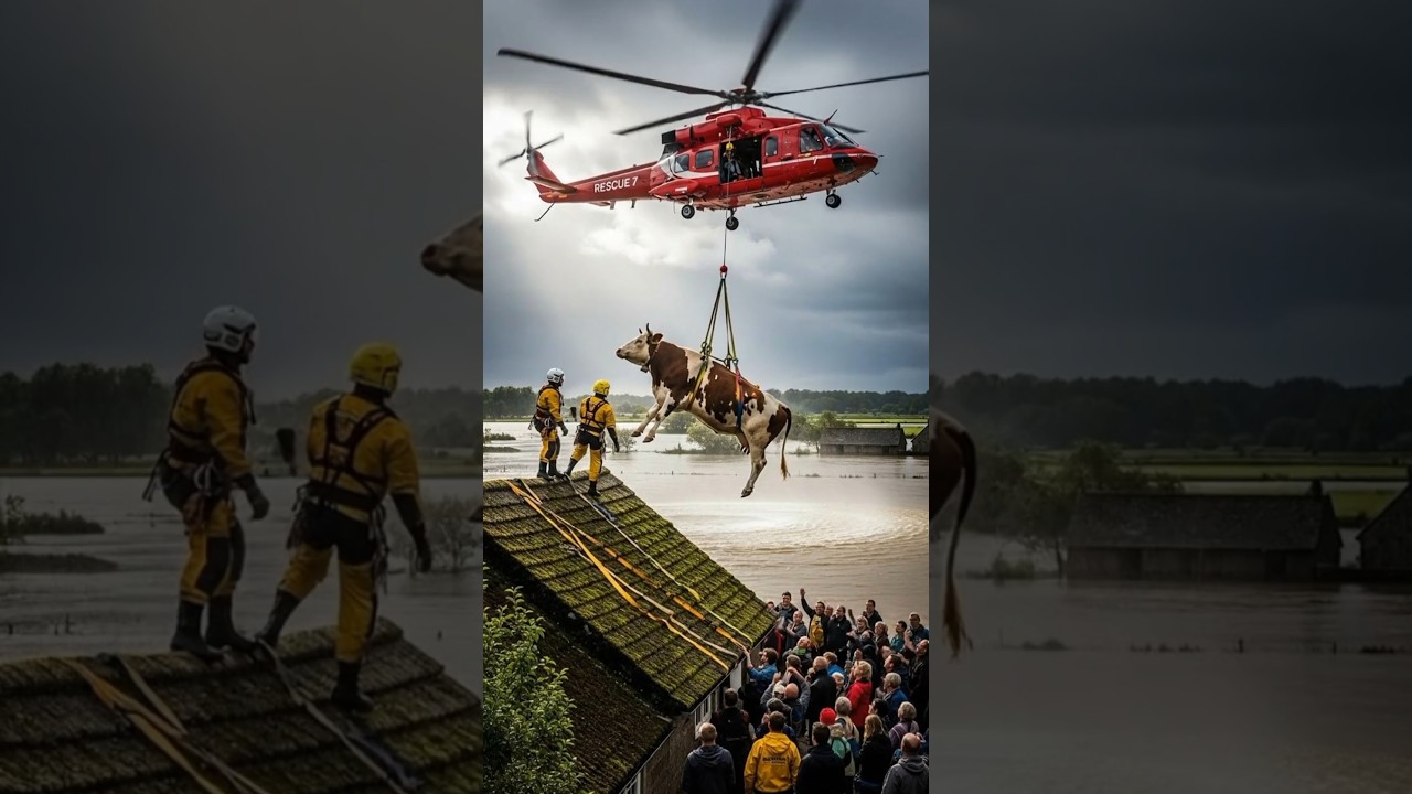 Helicopter Rescues Cow Stranded on Flooded House Roof!