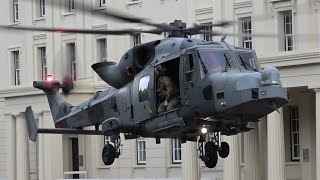 UK army helicopter lands at central London army barracks.