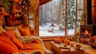 Gentle November Winter with Smooth Jazz ❄️ Cozy Cabin in the Winter, Falling Snow and Fireplace