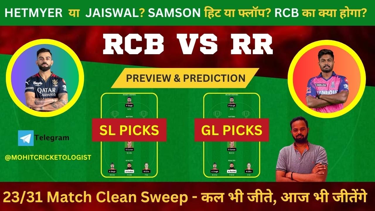 RCB vs RR Dream 11 Prediction, BLR vs RR Fantasy Team, Today IPL Team Prediction, RR vs RCB 
