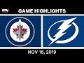 NHL Highlights | Jets vs Lightning - Nov. 16, 2019