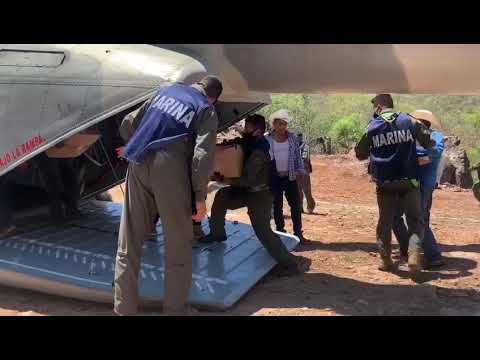 SEMAR estableció puente aéreo para entrega de despensas e insumos médicos en Bavícora, Sonora.