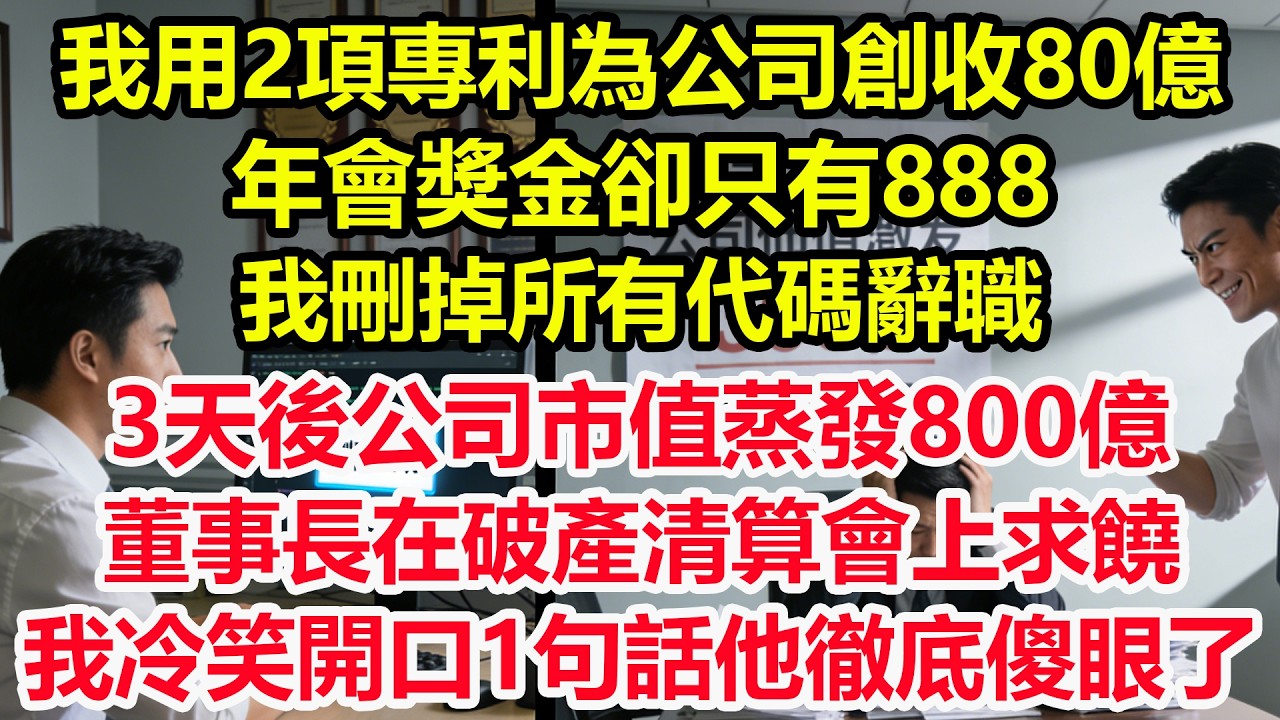 我用2項專利為公司創收80億，年會獎金卻只有888，我刪掉所有代碼辭職，3天後公司市值蒸發800億，董事長在破產清算會上求饒，我冷笑開口1句話他徹底傻眼了！#情感 #爽文 #職場 #生活 #總裁
