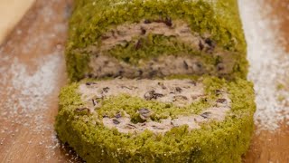 Matcha Swiss Roll Cake with Red Bean Whipped Cream