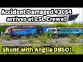 Bruised  battered 43054 arrives at lsl crewe  plus shunt with anglia dbso  pullman coaches