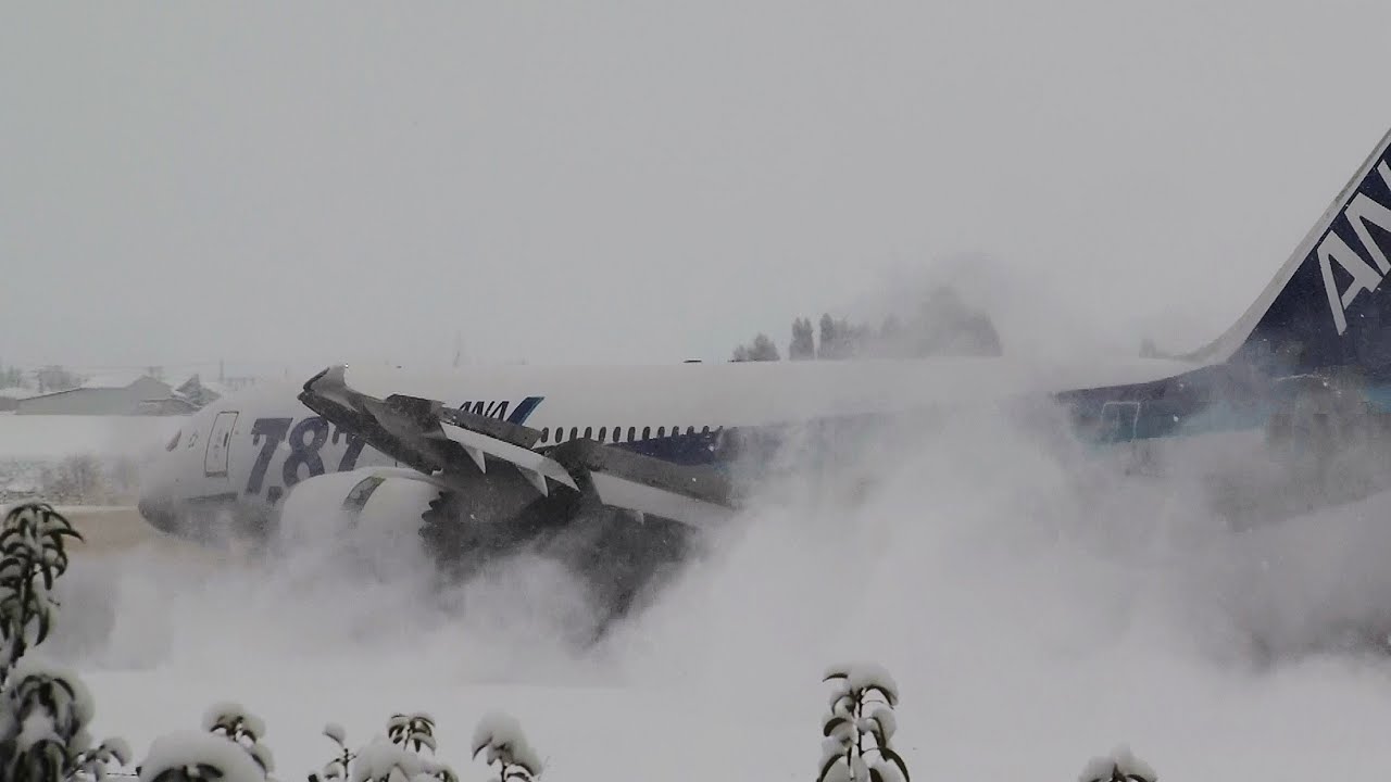 [B787 Reverse Thrust in Snow] ANA B787-8 Dreamliner JA824A LANDING ...